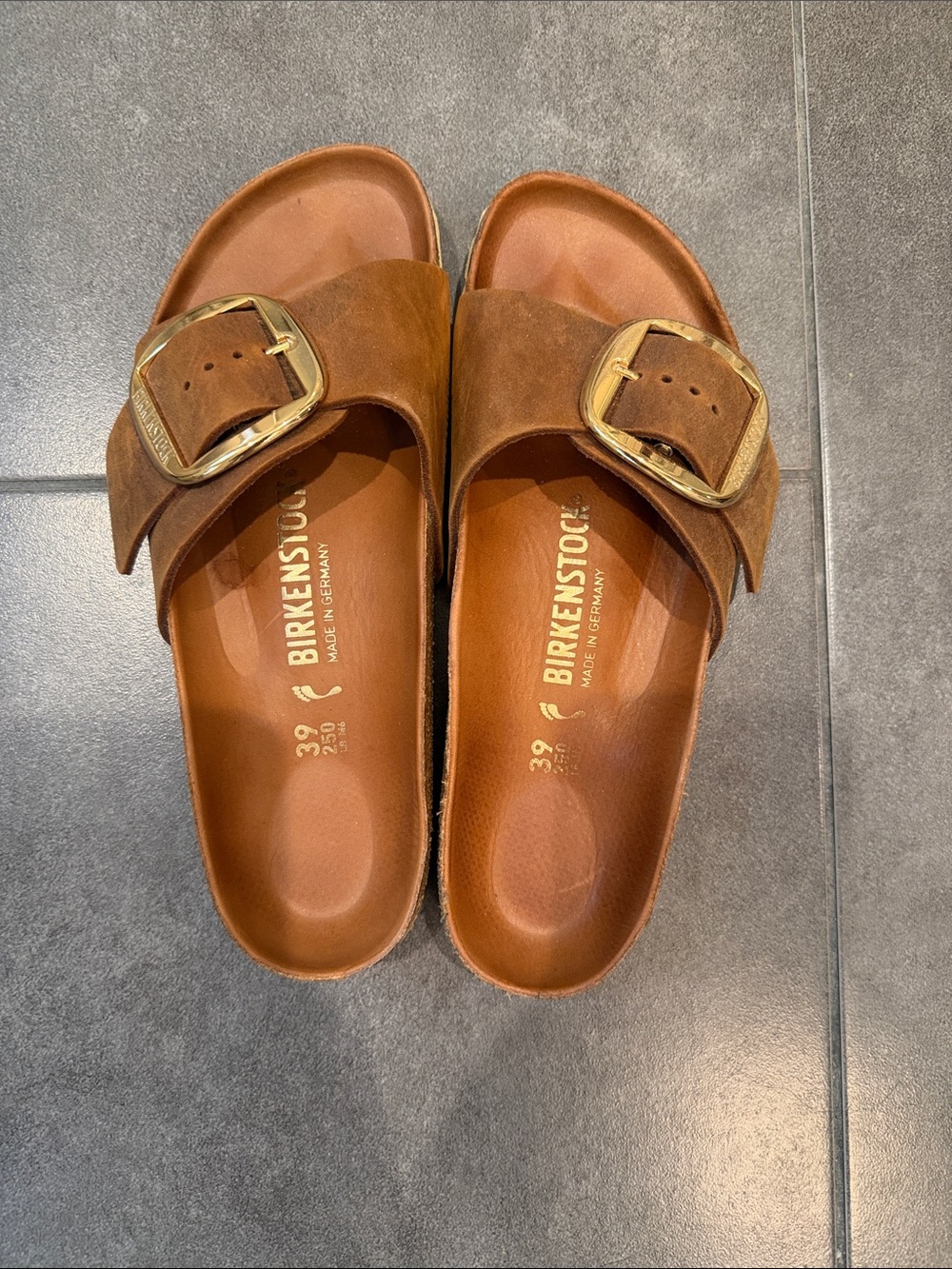 Birkenstock Brown Suede Single Strap Sandals with Gold Buckle